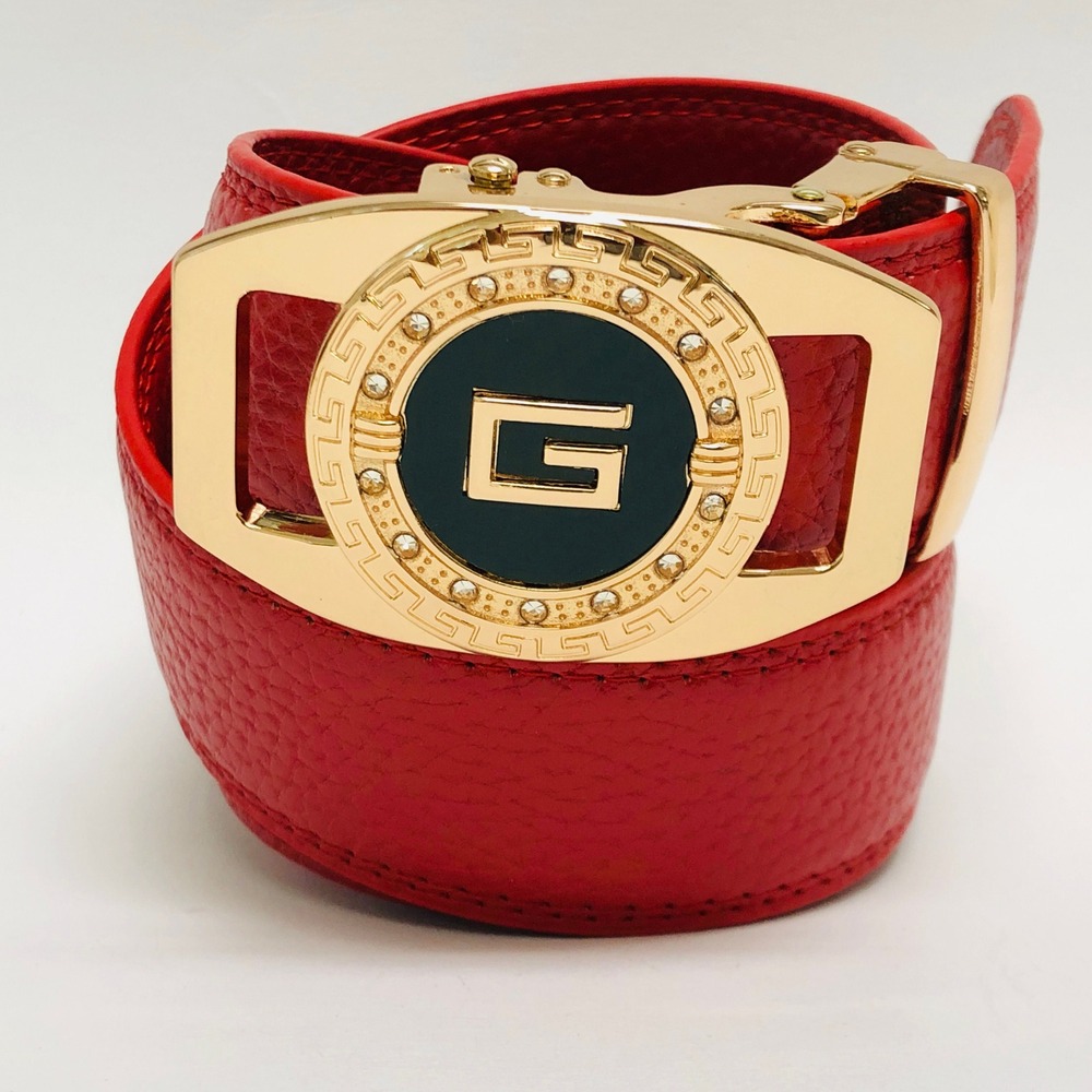 Red Leather Belt Gold Buckle Ratchet Adjustable Dress Casual‎ Automatic Buckle